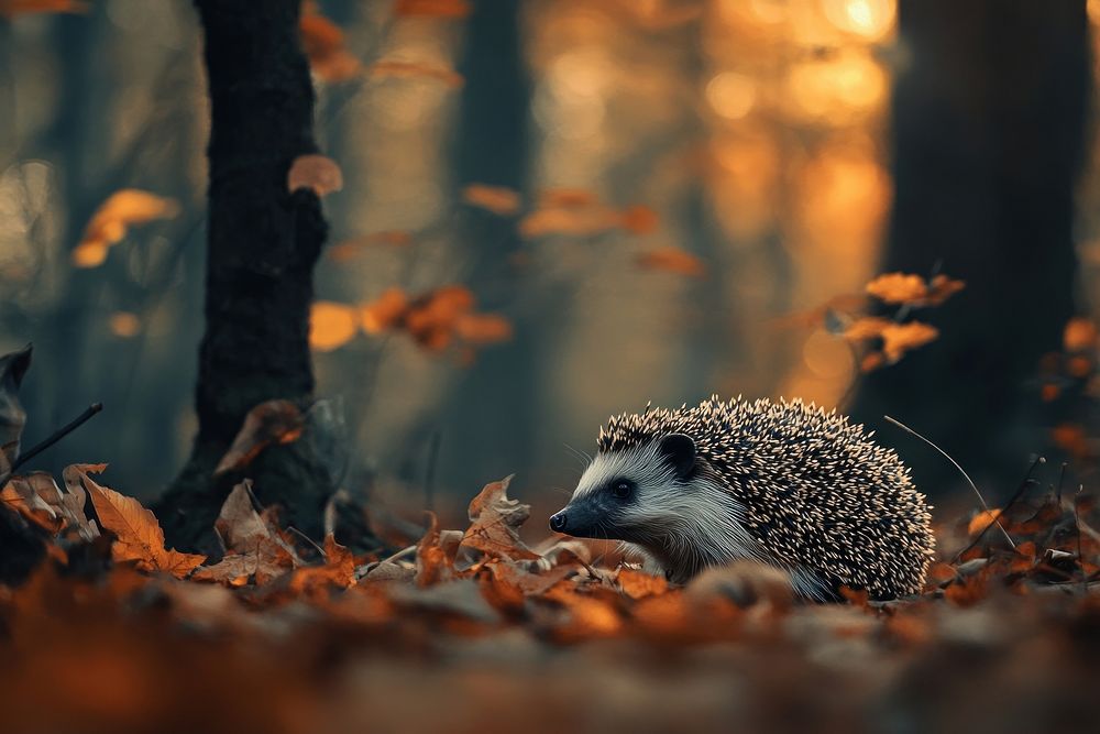 A hedgehog in the autumn forest animal leaves leaf.