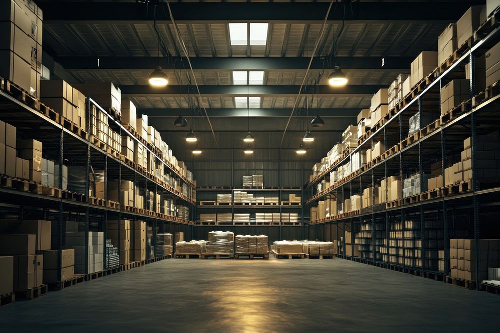 A large warehouse with high shelves filled with boxes and pallets of goods lighting ceiling space.