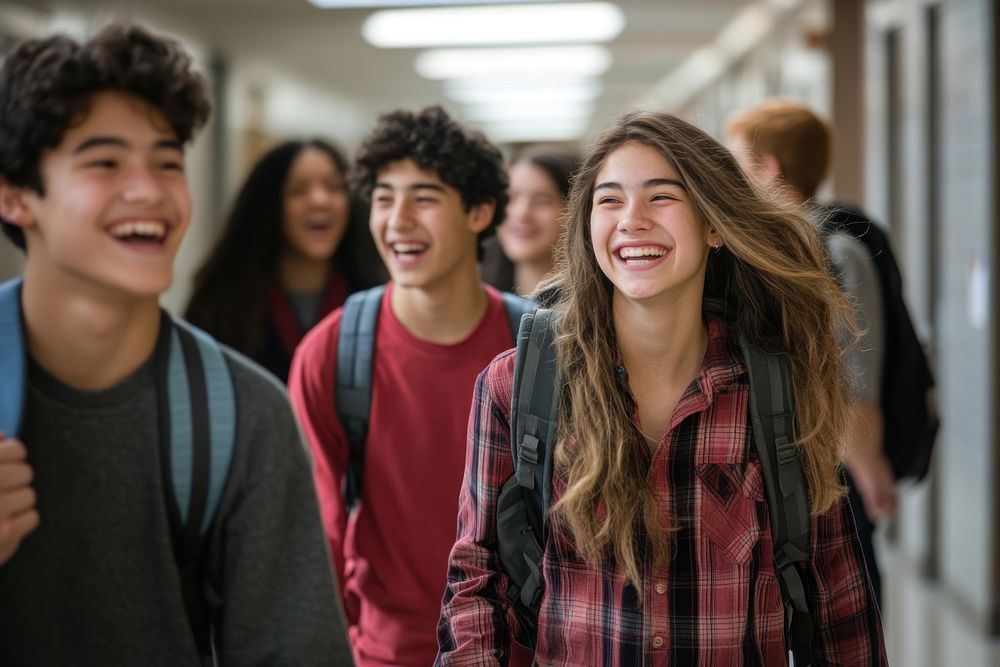 Group of high school students laughing friendship backpacks.