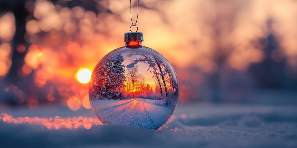 Christmas ornament with a winter landscape inside christmas reflection sunset.