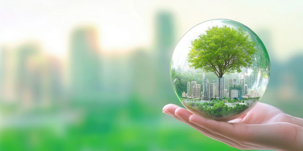 A glass sphere on a hand green city tree.