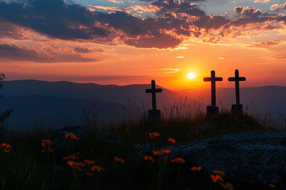 Three Crosses On Hill crosses nature sunset.