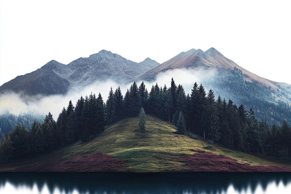 Photography of landscape mountain with lake on white sky wilderness outdoors scenery.