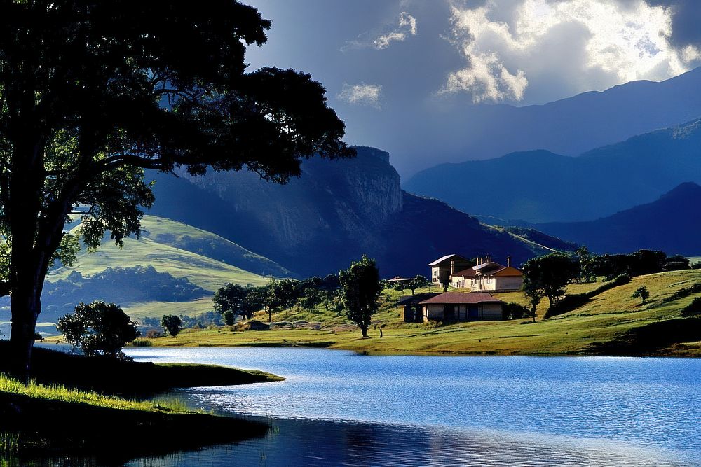 Photography of landscape mountain with lake on white sky scenery nature water.