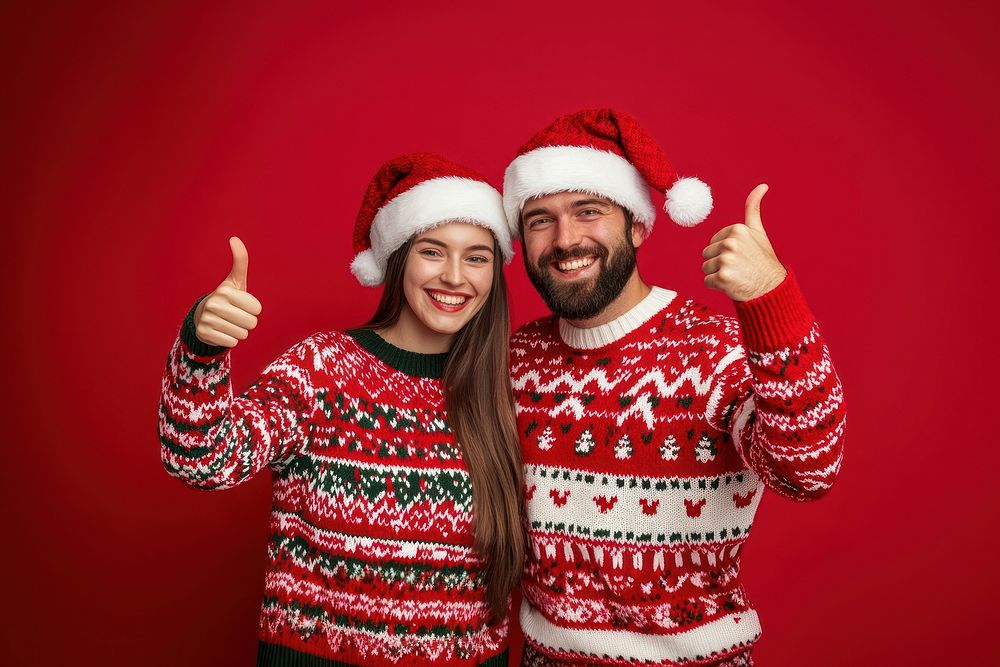 Couple wearing christmas red ugly Sweaters sweaters happy background.