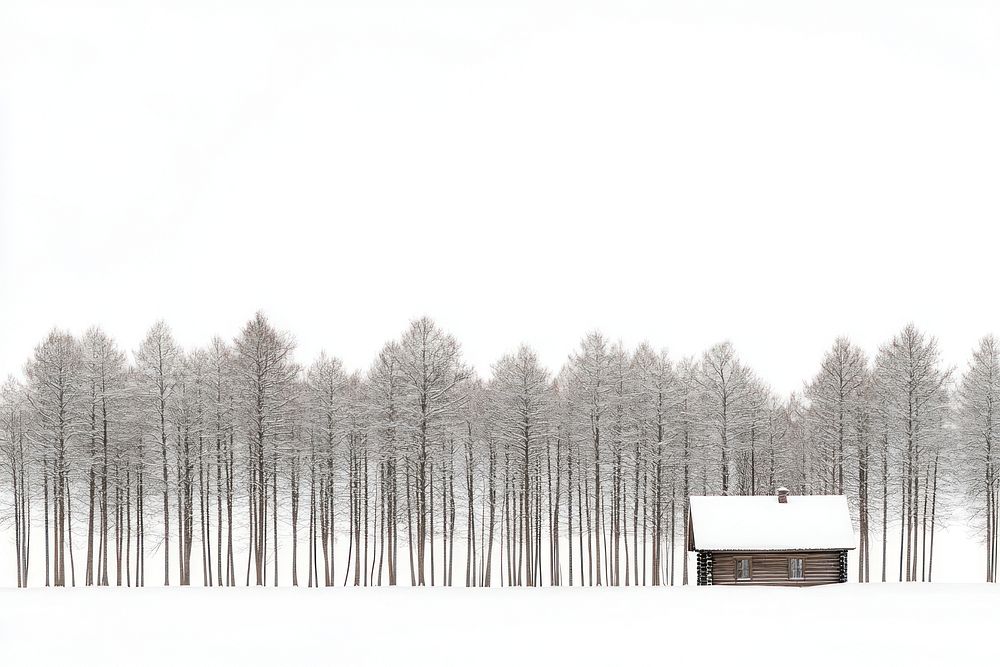 A snow forest border with a cabin in the wood nature trees white.