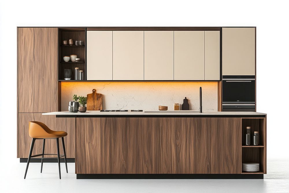 Beige modern cabinet kitchen cabinets minimalist appliances.