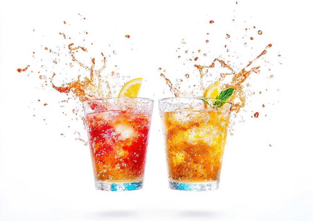 Two summer cocktail glasses clinking together at the center beverages drinks fruit.