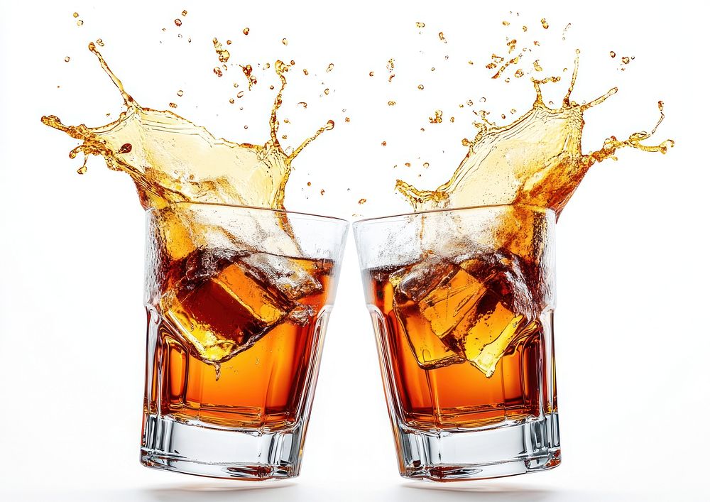 Two whiskey glasses are clinking photography beverages splash.