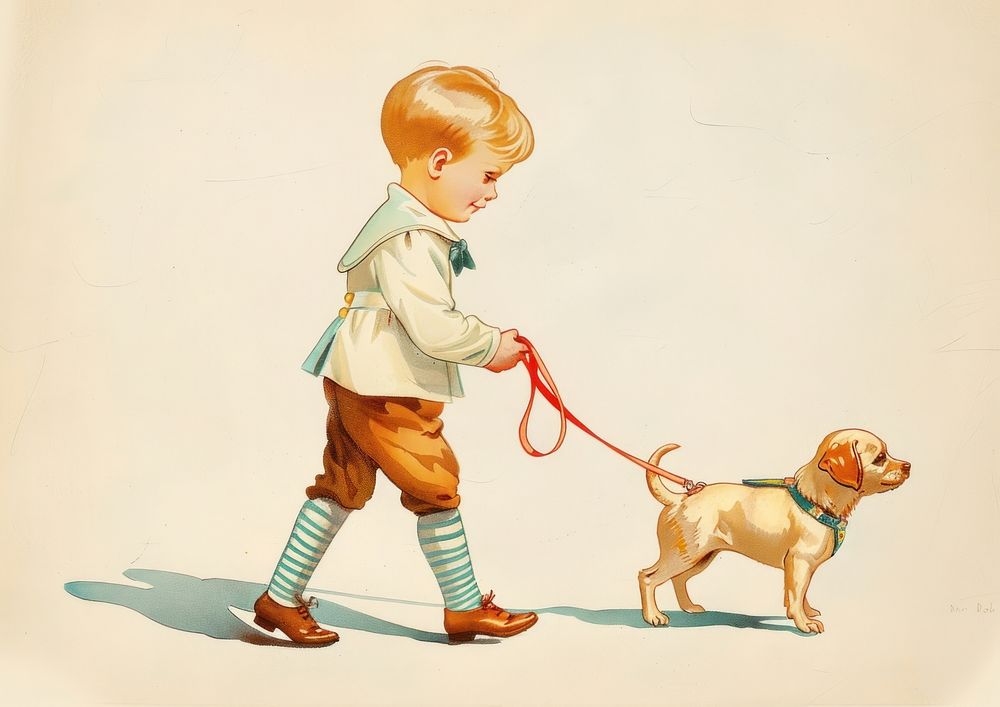 Vintage illustration of cute boy Walking a dog walking pet accessories.