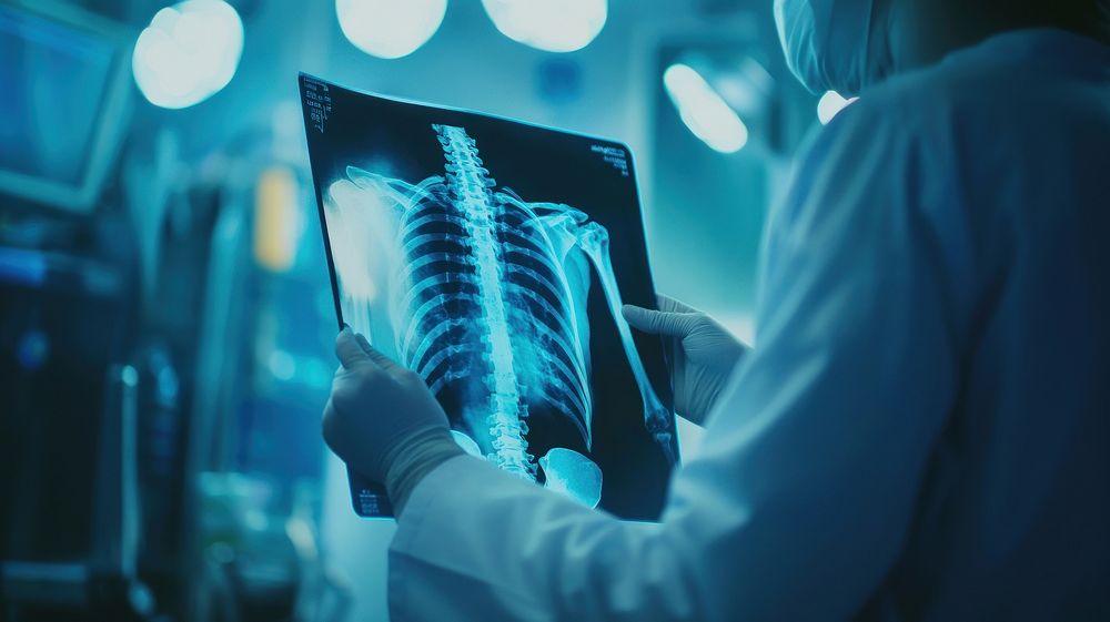 A doctor holding an X-ray showing the skeleton x-ray medical clapperboard.