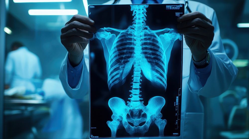 A doctor holding an X-ray showing the skeleton x-ray medical clapperboard.