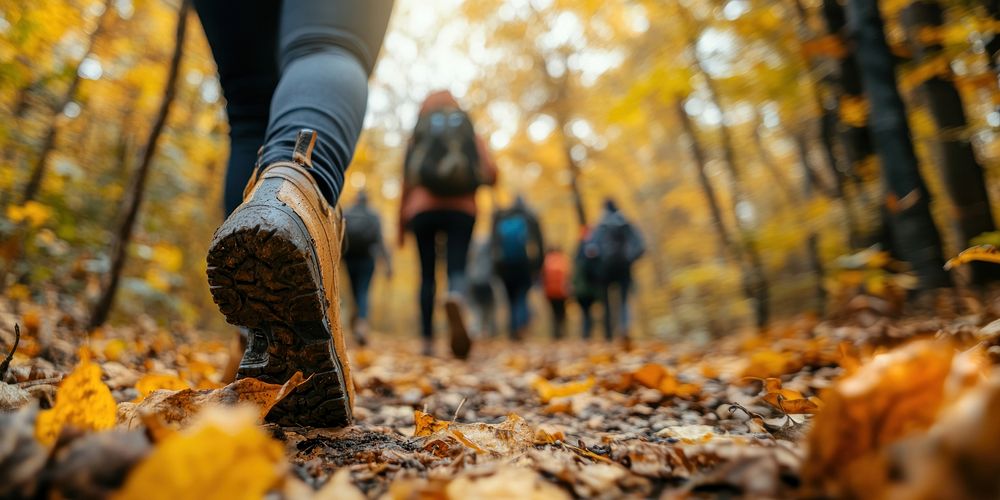 Tourists autumn forest group.