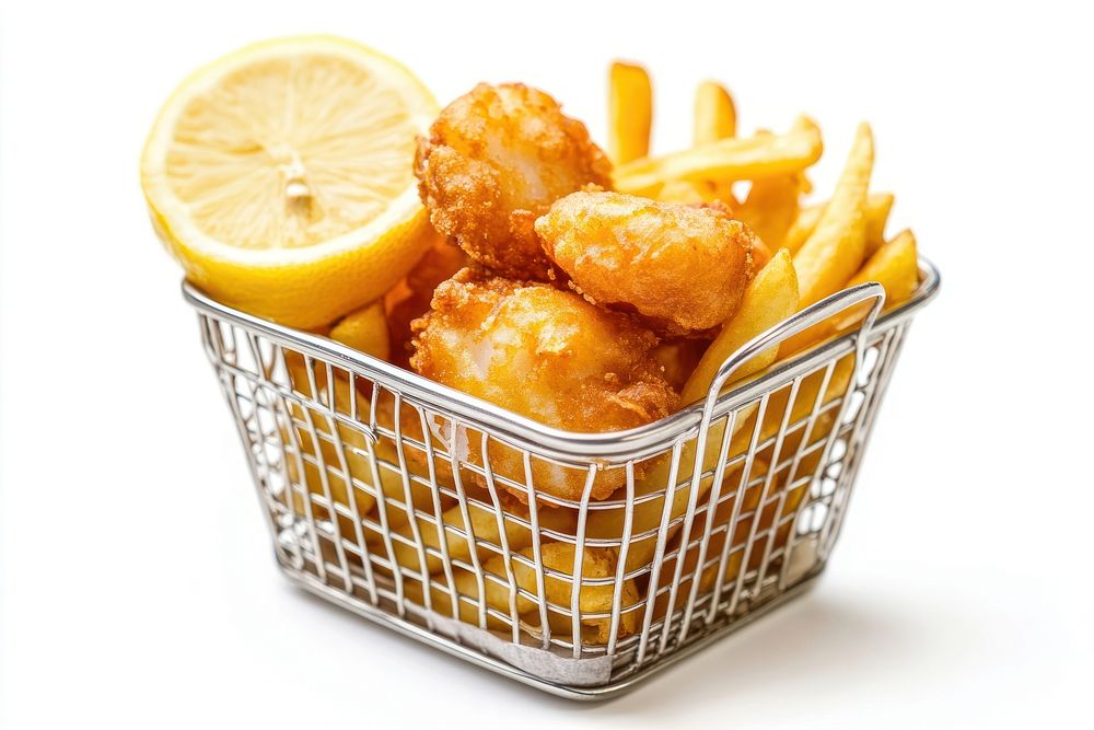 Sea Scallop deep fried basket with fries and lemon food delicious produce.