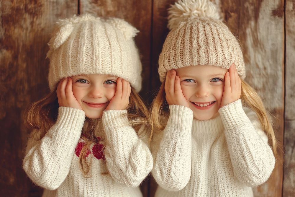 2 happy little girls friends with knitted hat sweaters hats background.