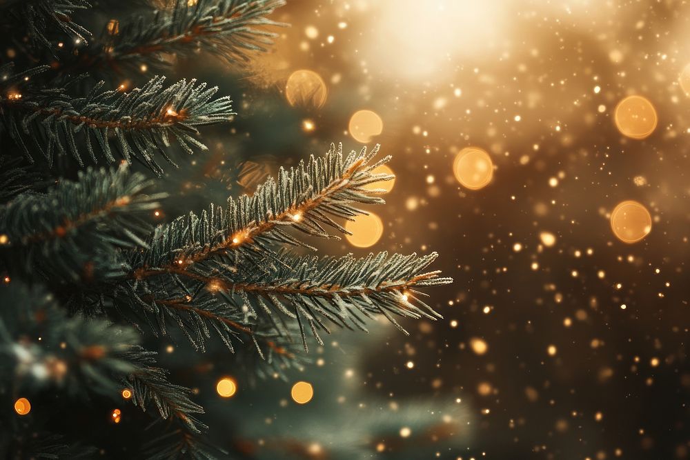 Green Christmas tree branches with golden lights christmas background bokeh.