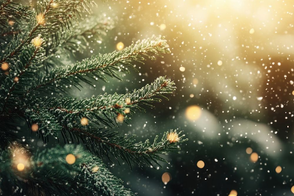 Light fresh green pine tree branches with golden lights background christmas nature.