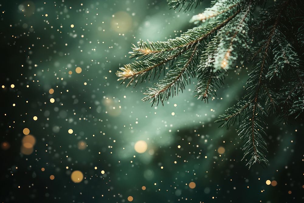 Light fresh green pine tree branches with golden lights background christmas snow.