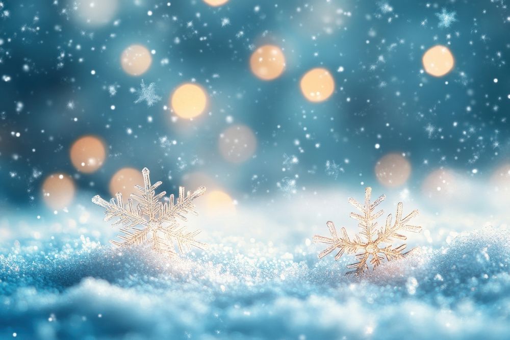 Beautiful snowflakes on the ground background winter bokeh.