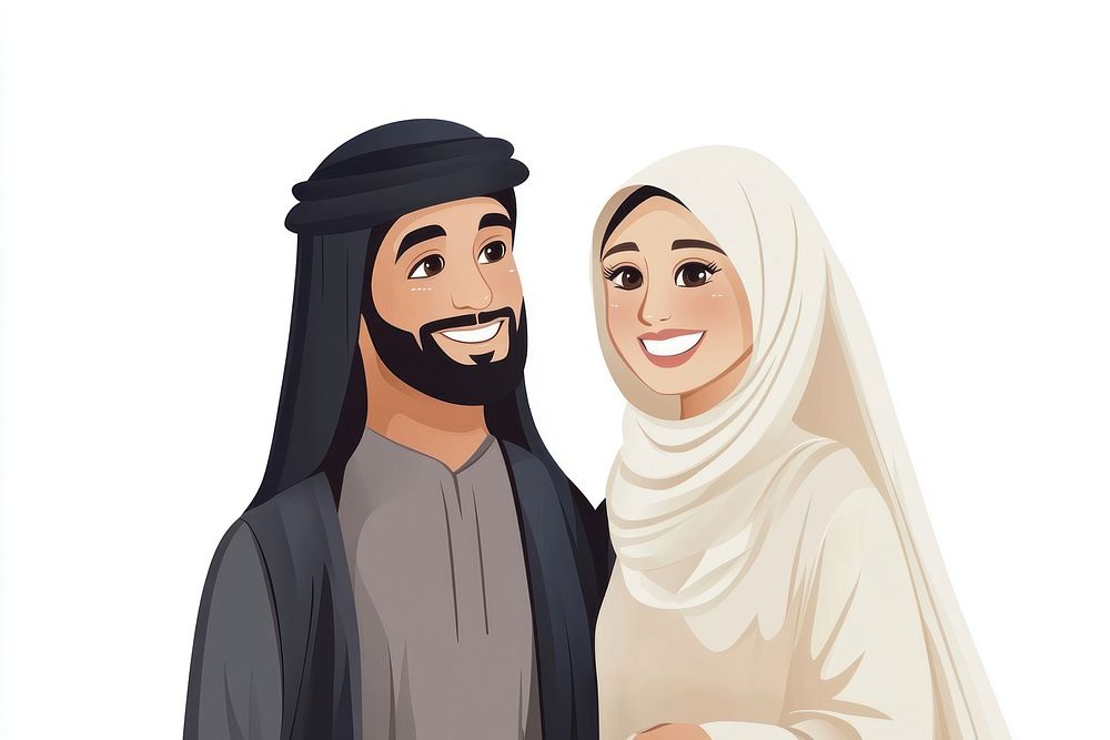 Muslim couple laughing illustrated traditional cultural.