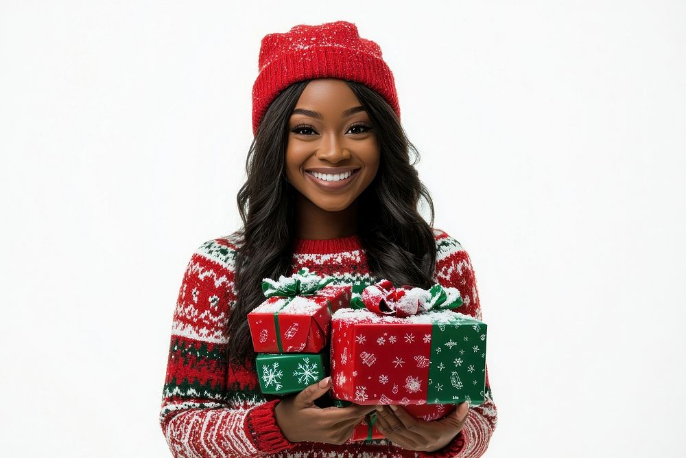 An american woman wearing christmas sweater carry christmas gifts happy holiday celebration.