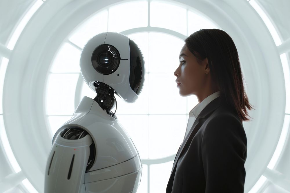 Businesswoman and an AI robot standing face to face human technology future.