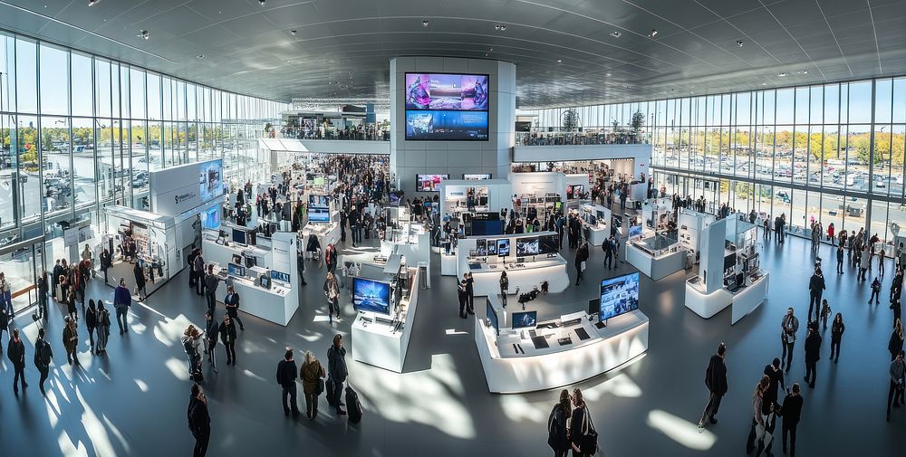 A large exhibition hall displays architecture monitor.