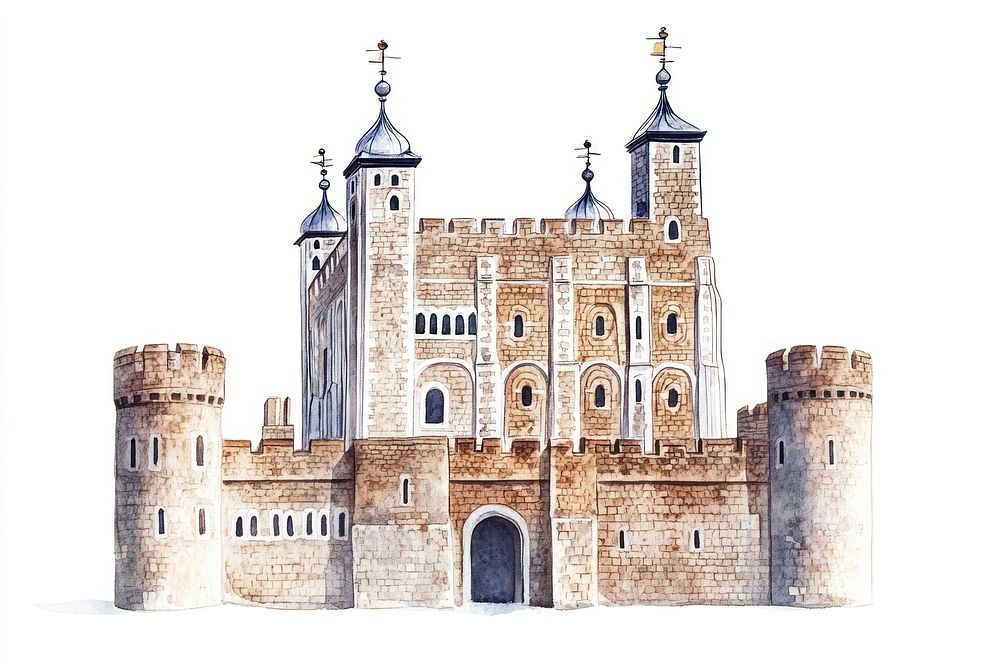 Tower of London castle architecture illustration watercolor.