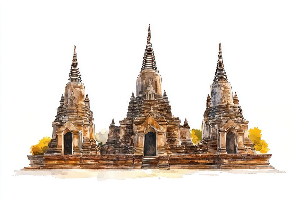 Ayutthaya Historical Park architecture illustration watercolor.