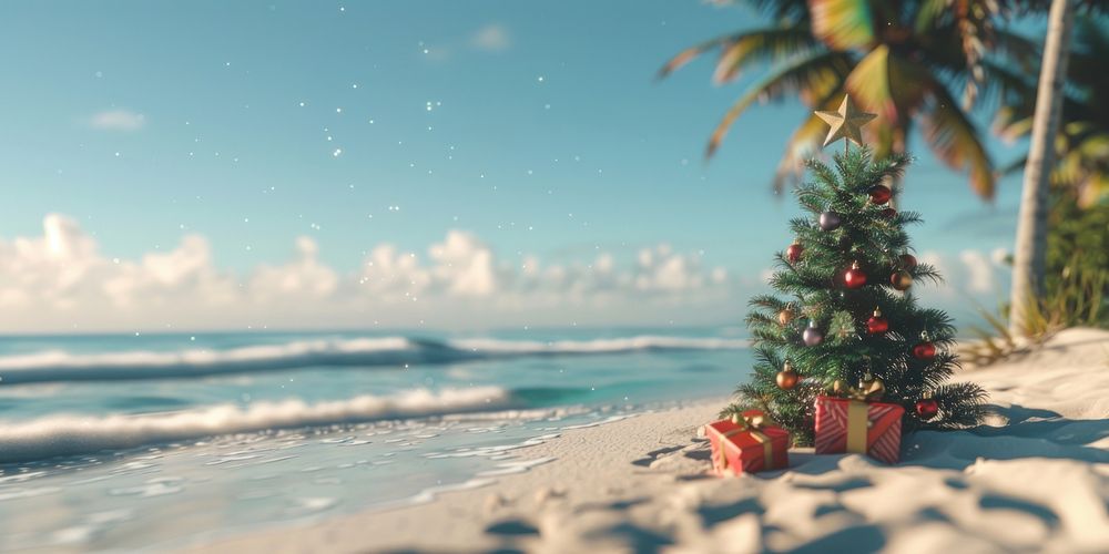 Christmas tree and gift boxes tropical beach gifts.