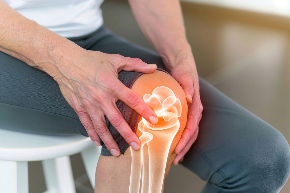 Man touching knee at pain point arthritis injury joint.