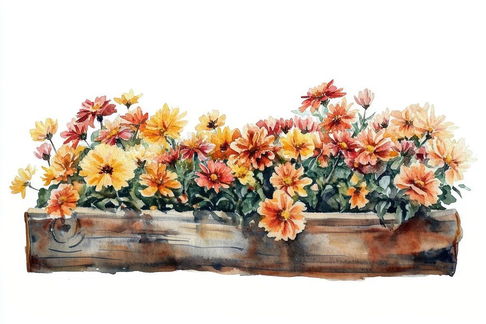 Long flower wooden bed flowers illustration watercolor.