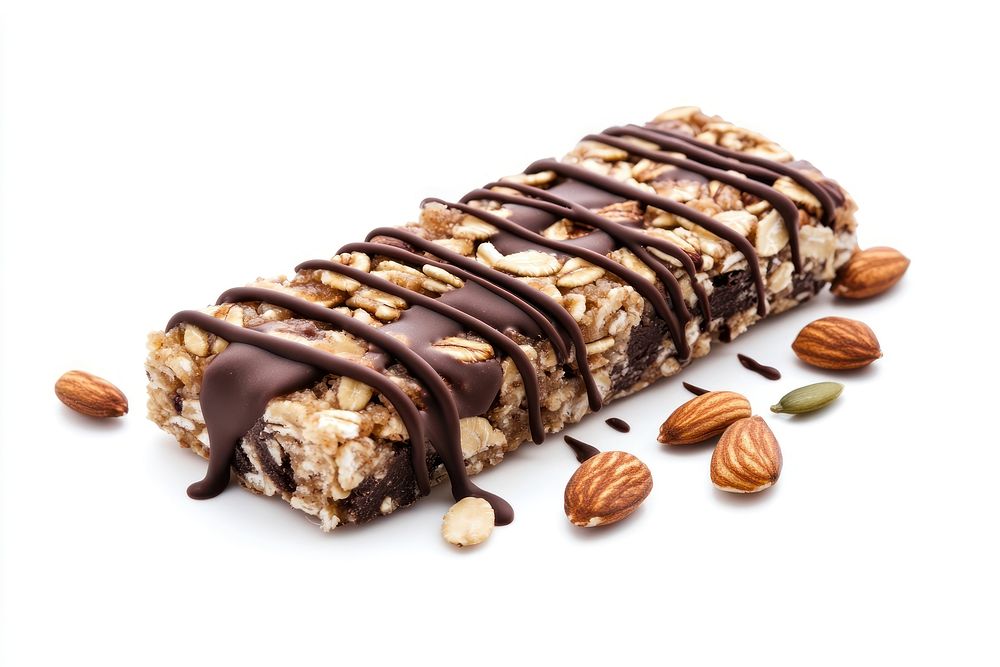 Tasty and delicious single granola bar chocolate drizzle almond.