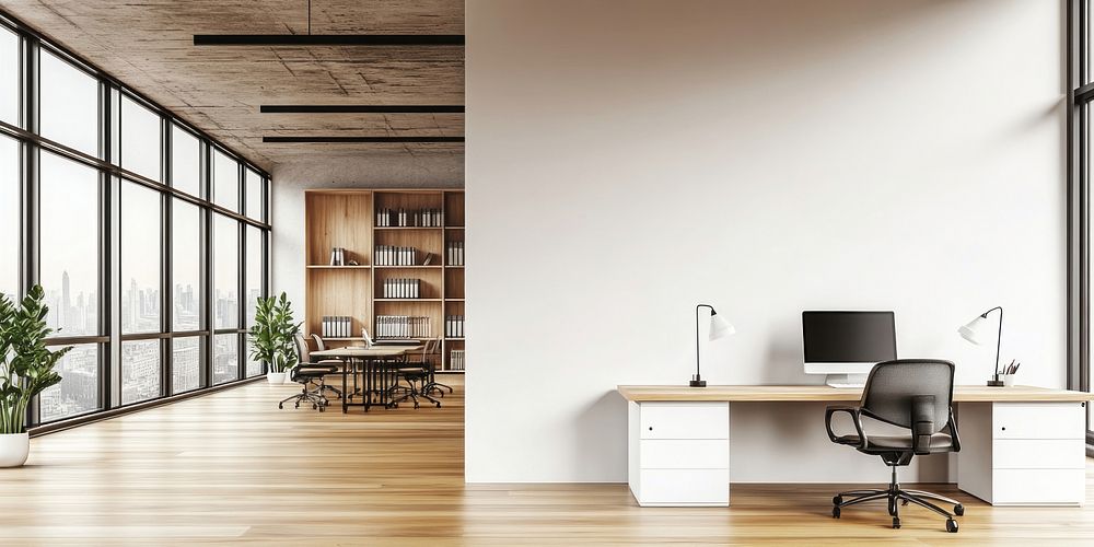 White wall in a modern office interior minimalist furniture wooden.