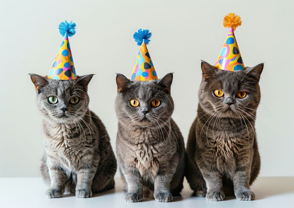 Three Scottish Fold cat cats hats birthday.