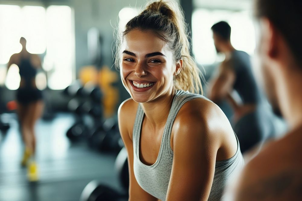 Woman doing a workout in a gym smiling person happy.