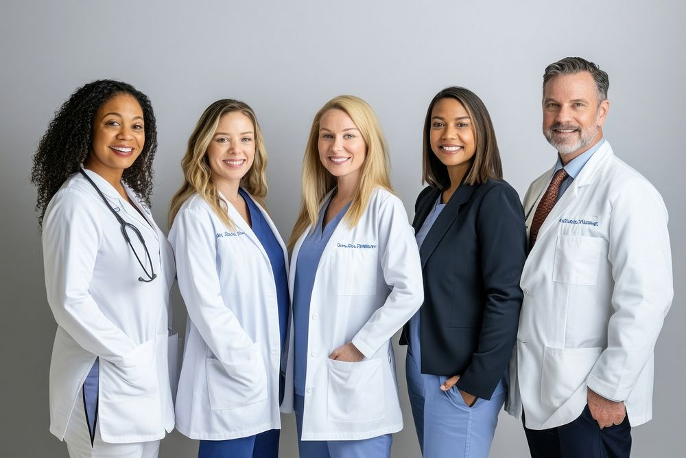 Five medical professionals doctors smiling coat.