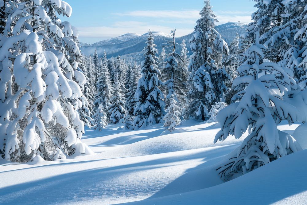 A snow-covered landscape nature forest trees.