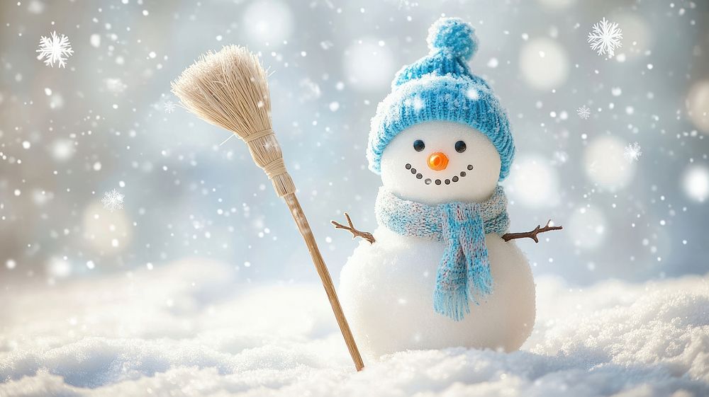 Smiling snowman stands winter background outdoors.