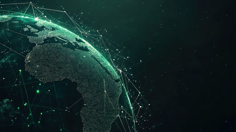 Digital globe with glowing green continents at the bottom of the image technology futuristic background.