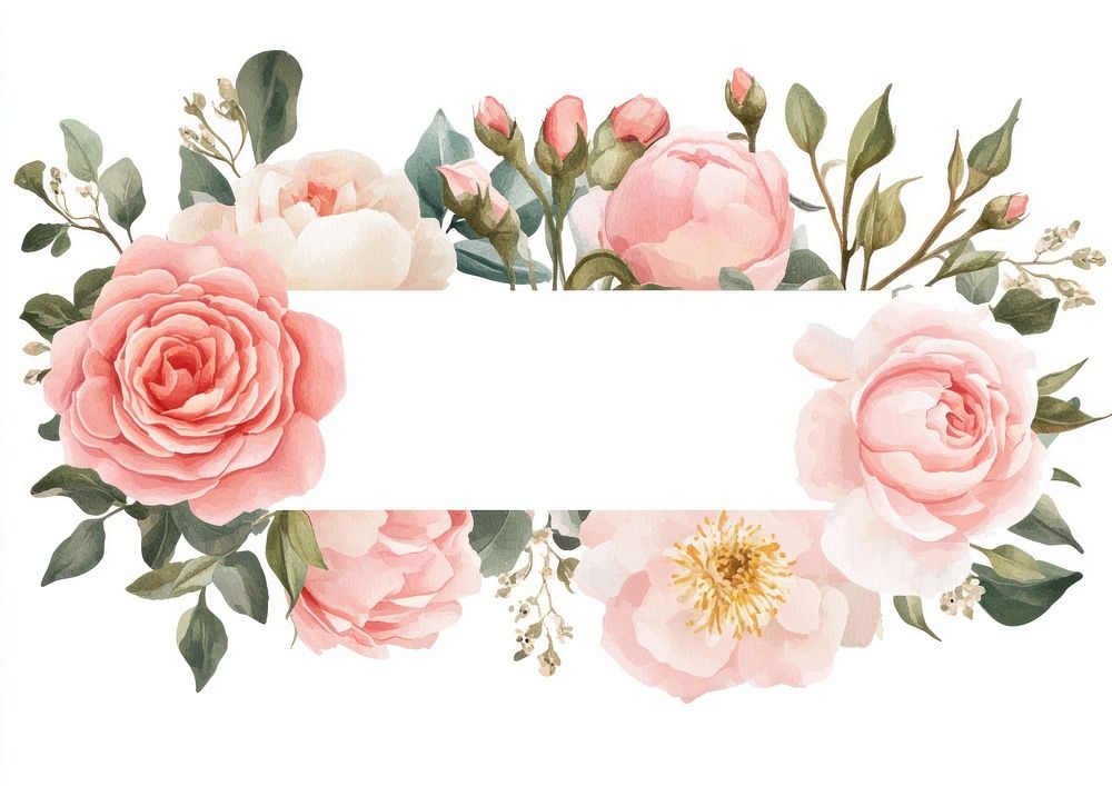 Pink roses and peonies on invisible rectangle frame art illustration watercolor.