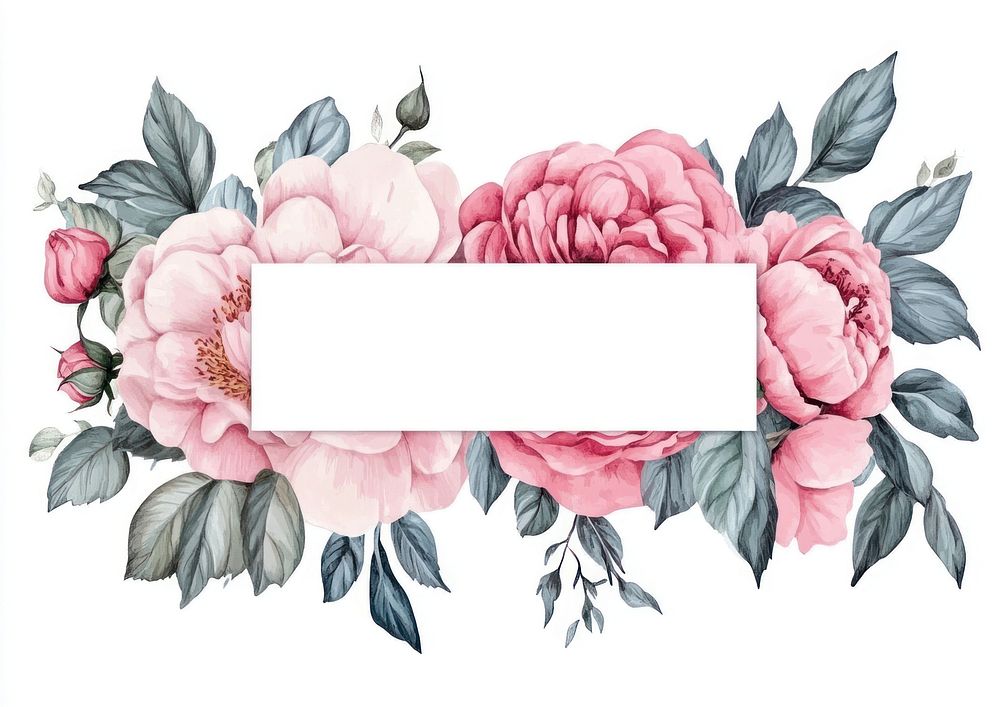 Pink roses and peonies on invisible rectangle frame art illustration watercolor.