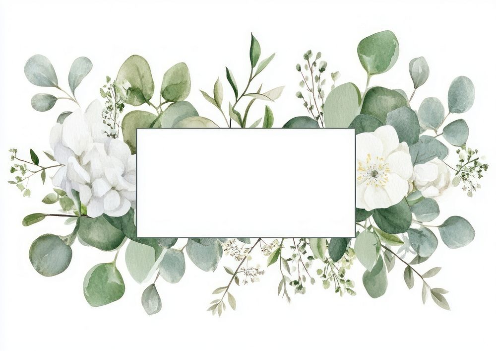 White and green wedding flowers on invisible rectangle frame illustration watercolor leaves.