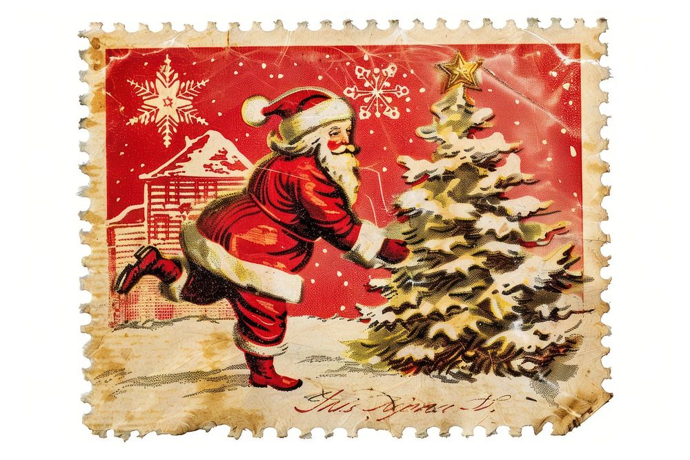 Vintage postage stamp with Christmas christmas red illustration.