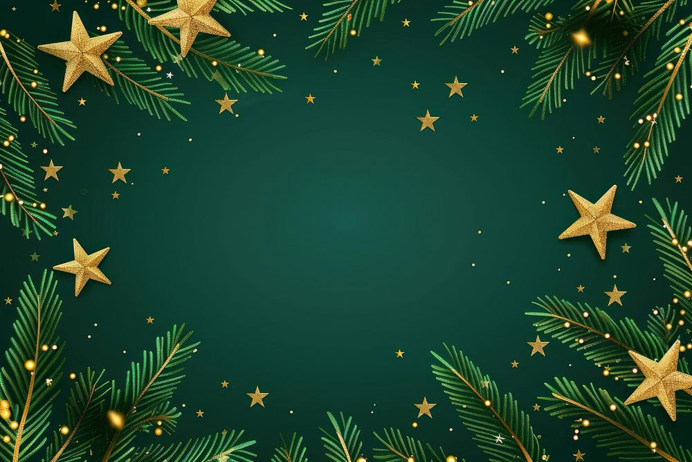 Golden stars and Christmas tree branches christmas background green.