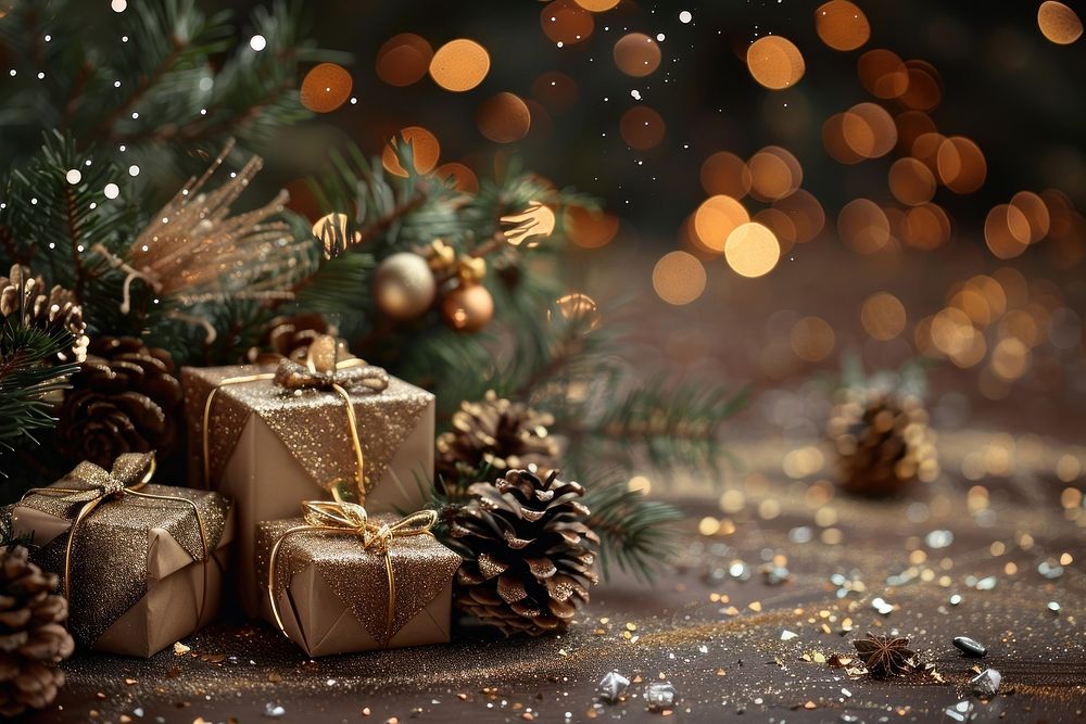 Gift boxes and pine cones and branches christmas gifts bokeh.