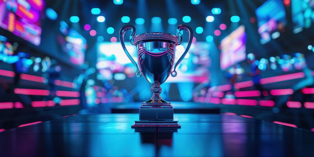 Gaming trophy on stage competition tournament esports.