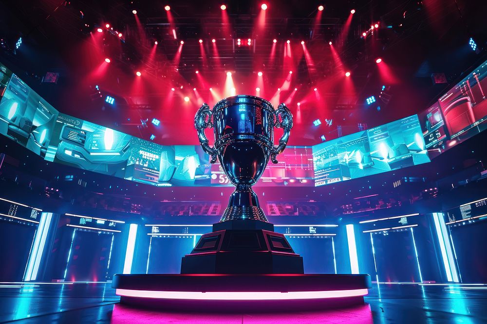 Giant e-sports trophy lighting lights stage.