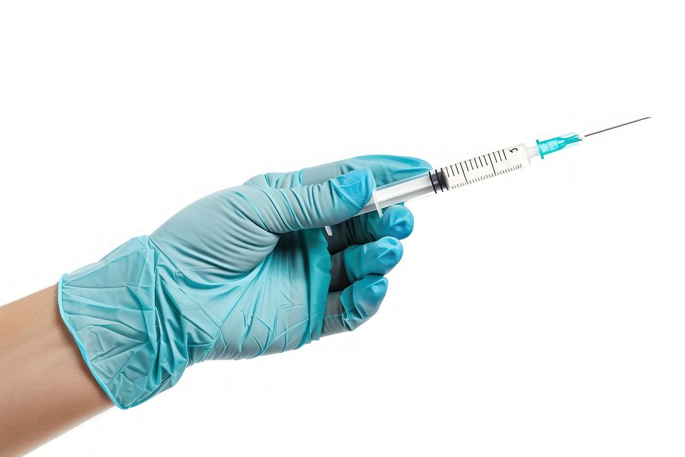 Medical syringe injection glove hand.