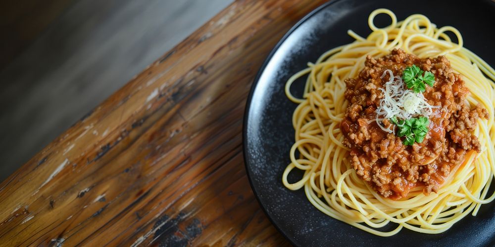 Spaghetti Bolognese wooden pasta table.